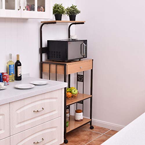 WATERJOY Bakers Rack Microwave Cart, Supreme 3-Tier Rolling Kitchen Microwave Oven Stand Storage Cart | Power Strip | Brown Metal Frame