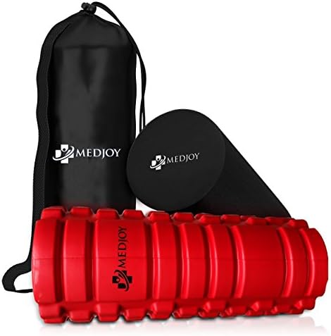 Med Joy-Foam Roller 2 in 1 Muscle Massager. 13 inch Textured Grid + Smooth Muscle Roller for Legs, Back and Foot Pain and Therapy. Portable with Travel Bag + Bonus 32 Page Training Guide. Red