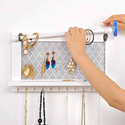 ASHLEYRIVER Wall Mounted White Wood Jewelry Organizer Holder with Hooks