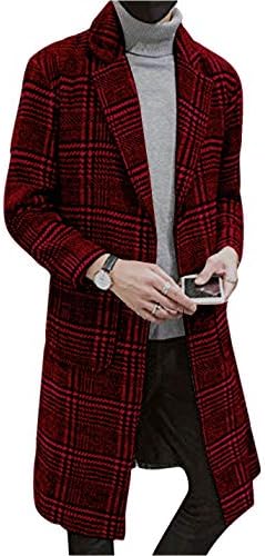 UANEO Men's Casual Notch Lapel Single Breasted Plaid Mid Long