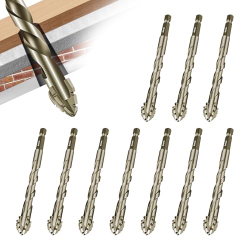 4 Flute Sawtooth Eccentric Drill Bit, 10PCS 4 Blade Serrated Drill Bit 1/4 Hex Shank Carbide Tip Tile Drill Bit Set Concrete Masonry Drill Bits for Brick Wood Plastic Porcelain (6mm,Yellow)