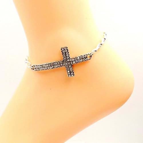 Rhinestone Sideways Cross Anklet Silverbond Ankle Bracelet