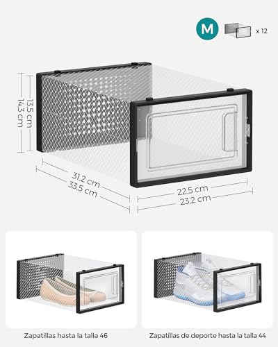 SONGMICS Cajas de Zapatos Plástico, Juego de 12 Organizadores de Almacenamiento, Caja Zapatero Plástico Plegable y Apilable para Zapatillas hasta talla 44, Transparente y Negro MLSP006B12