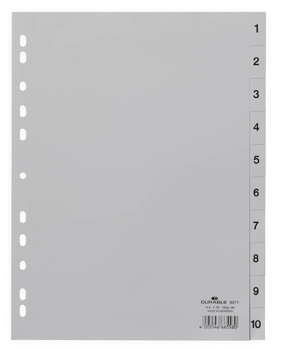 Durable 1-10 Polypropylene Index Dividers | A4 Portrait Full Covering | Pack of 25 Dividers | Grey | Made in Germany