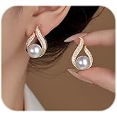 Pearl Earrings for Women, Cultured Stud Pearl Earrings Jewelry for Girls, Silver/Gold Plated Prom Jewelry Dangle Studs Cubic Zirconia Pearl Earrings for Gifts