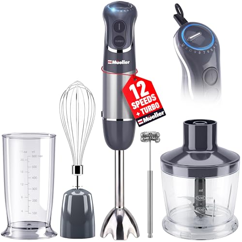 BTkviseQat Mueller Austria Hand Blender, Smart Stick 800W, 12 Speed and Turbo Mode, 3-in-1, Titanium Steel Blades, Comfygrip Handle, with Whisk, Chopp