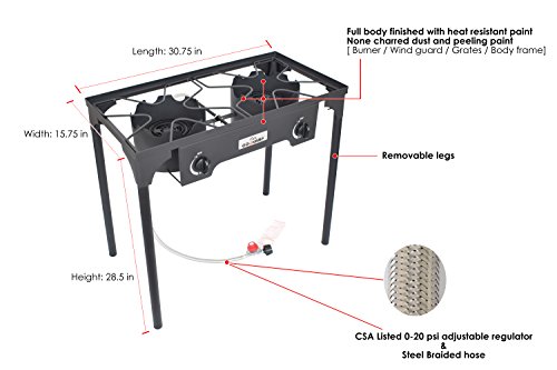 COOKAMP High Pressure 2-Burner Outdoor Camp Stove with 0-20 PSI Adjustable Regulator and Steel Bradied Hose [ 2018 New Model ] SA2500 - Thumbnail 2