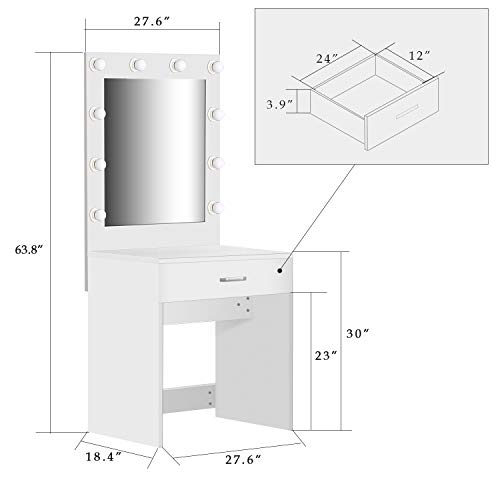 US Shipping Vanity Set with Lighted Mirror, YEEGO Makeup Vanity Dressing Table Dresser Writing Desk with Drawer for Bedroom Easy Assembly, White(10PCS Cool LED Bulbs) - Thumbnail 5