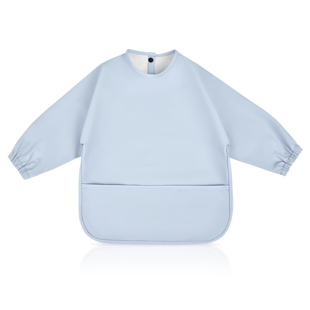 Vicloon Baby Weaning Bibs, PU Feeding Bibs with Long Sleeves and Large Pockets, Waterproof Toddler Bibs Easy to Clean, Suitable for Babies From 6 Months to 12 Months - Blue