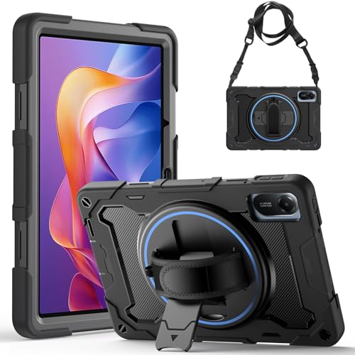 Gerutek Shockproof Case for Xiaomi Redmi Pad 2 11 Inch 2025 / Redmi Pad SE 11 Inch 2023, Rugged 3 Layer Structure Case with 360° Rotating Stand Hand Strap and Lanyard Holder Pen Holder Black
