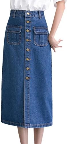 Women's Vintage Button Down High Waisted Long Midi Denim Jeans Slit Pocket Skirt