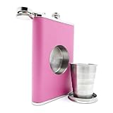The Original Shot Flask - 8oz Hip Flask with a Built-in Collapsible Shot Glass - Stainless Steel with Premium Bonded Leather Wrapping (Pink)