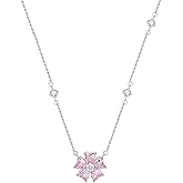 Dainty Pink Peach Blossom CZ Flower Choker Necklace for Women Cute Sterling Silver Plated Crystal Heart Shaped Floral Charm Pendant Trendy Adjustable Chain Necklaces Fashion Jewelry Gifts 17"