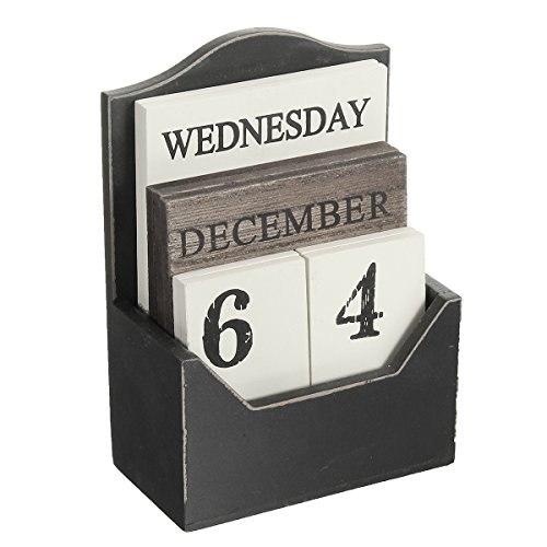 CAVEEN Vintage Wooden Block Perpetual Calendar Desk Accessory Retro Chic Rustic Any Year/Month / Day Block Calendar for Home Office Decoration Black