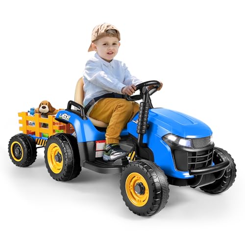 ANPABO Ride On Tractor with Tiltable Trailer, 12V Battery Powered Ride On Toy w/Parent Remote Control, Music Player & Bluetooth Function, Headlight, Electric Vehicle for Kids Aged 3+, Blue