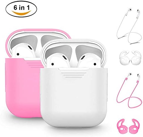 AirPods Case Airpods Accessories Kits Protective Silicone Cover and Skin for Apple Airpods 1 & 2 Charging Case with Airpods Ear Hook Airpods Straps (Pink+White)