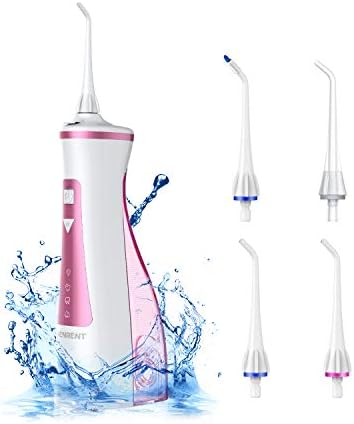 Cordless Water Flosser Professional Teeth Cleaner, USB Rechargable Portable Oral Irrigator for Travel, IPX7 Waterproof, 4-Mode Water Flossing with 4 Jet Tips for Home(Pink)