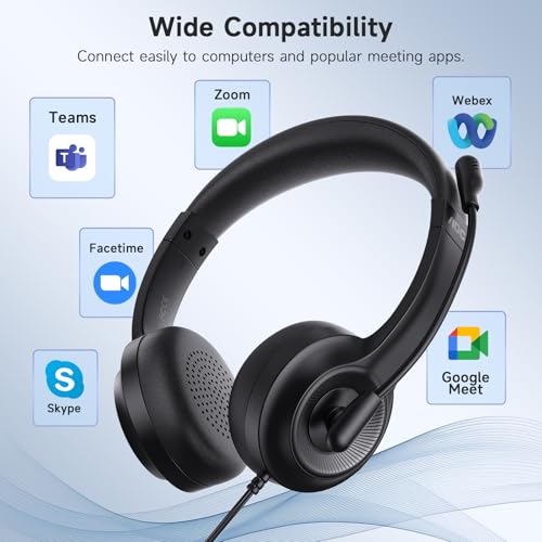 AOC USB Headset with Microphone, On-Ear Wired Headphones with Microphone, Noise-Cancelling, 40mm Audio Drivers, Headset for PC Computer Laptop Desktop Home Office Call Centers Teams Zoom (Dark Black)