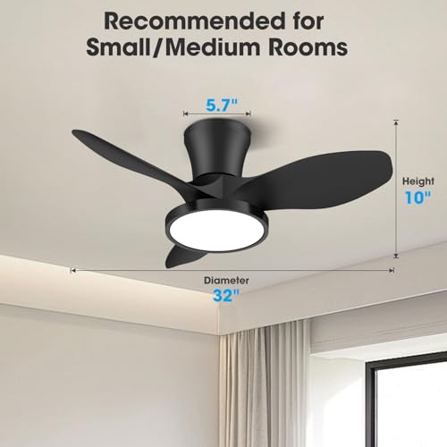 Ocioc Ventilador de techo silencioso con luz LED, motor CC de 32 pulgadas, control remoto de volumen de aire grande para cocina, recámara, comedor y patio