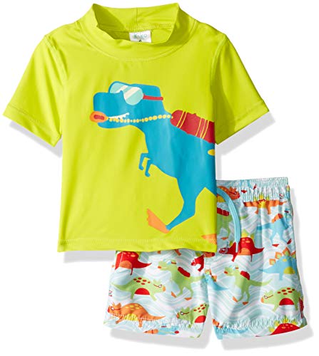 KIKO & MAX Baby Boys Set with Short Sleeve Rashguard Swim Shirt, Dinosaur Lifeguard Green, 18 Months