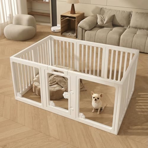 KAPEICamper Dog Playpen, Clear Acrylic Pet Puppy Enclosure Cat Rabbit Play Pen, Easy Assemble Foldable Crate Whelping Box for Medium Dogs with Gate (White, L, 10 Panels)