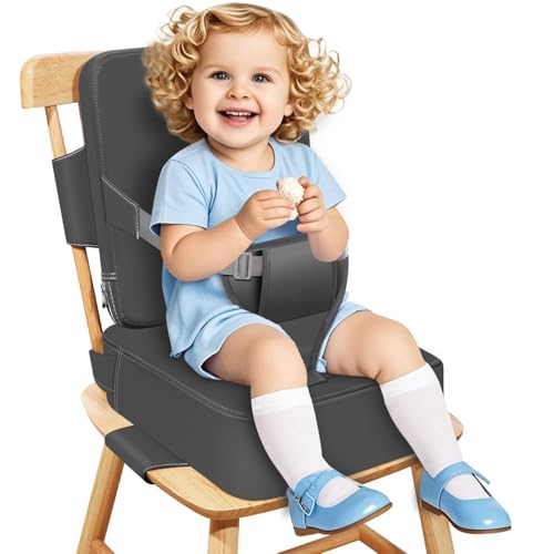 YOOJ® Toddler Booster Seat for Kitchen Chair, 2-in-1 Dining Table Booster Seat with Backrest & Adjustable Straps, PU Portable Toddler Eating Travel Increasing Cushion, Easy to Clean (Dark Grey)