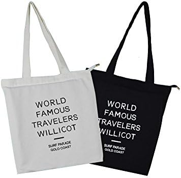 Lichao Fashion Reusable Grocery Bags on Standard Shopping Bag Cotton Canvas Tote Shoulder Bags with Handles for Women and Students – Two Packs Black and White - 14.9 * 13.8 * 2.4 inches