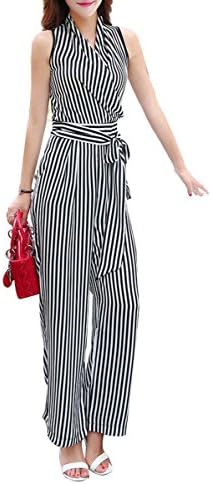 BLACK STAR Sleeveless Jumpsuits Female Fashion trousers Wide Leg trousers White stripe L
