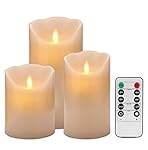 Flameless Candles 4" 5" 6" Set of 3 Ivory Dripless Real Wax Pillars Include Realistic Dancing LED Flames and 10-key Remote Control with 24-hour Timer Function