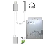 Hkitty Xiong Charging and Audio Adapter for iPhone 7/7 Plus, 2-in-1 Lightning Port to 3.5 mm Audio Adapter with Lightning Port Extension [No Music Control and Calling Function] - Silver