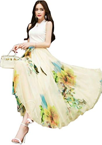 Izacu(TM) Womens Blending Chiffon Retro Long Maxi Skirt Vintage Dress (one size, DM611)