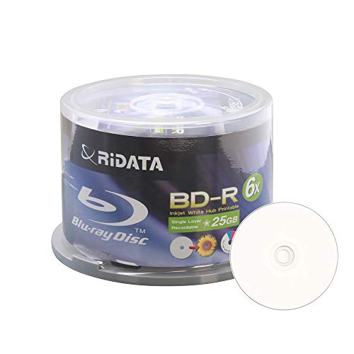 50 Pack Ridata 6X BD-R BDR 25GB Single Layer Blue Blu-ray White Inkjet Hub Printable Recordable Blank Media Disc with Spindle Packing - Thumbnail 3