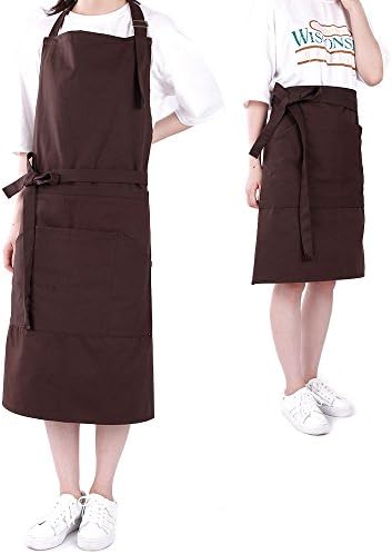 Antecrea 2-Piece Dual Use Poly/Cotton Bib or Waist Apron Set with 3 Pockets for Women and Men, 33 x 27-Inch, Dark Brown