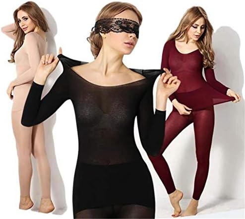 SiQing Women's Thermal Underwear Seamless Elastic Thermal Inner Wear Set Warm Scoop Neck Long Sleeve Tops and Bottom Pants (Black)