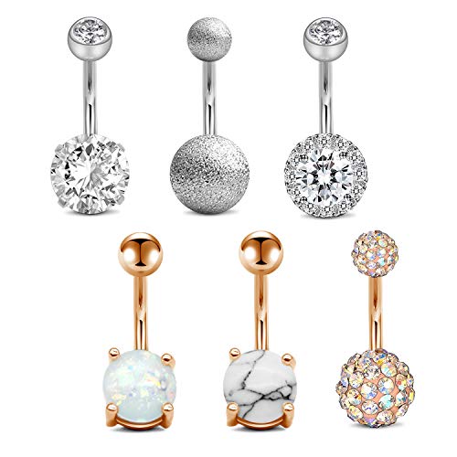 AceFun 6Pcs Belly Button piercing Stainless Steel 14G Rose Gold and Silver navel Belly Button Bar for Women CZ Opal Marble Body Piercing