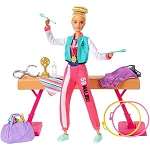 Barbie-GJM72-Gymnast-Playset-Dolls-with-Accessories Barbie Gymnastics Playset, Barbie Doll with Twirling Feature, Balance Beam, 15+ Accessories for Ages 3 and Up, GJM72