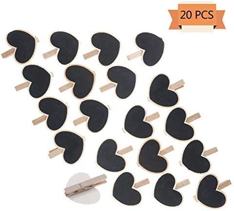 Haomian 20 Pack Mini Chalkboard Clips Heart Shaped Wooden Chalk Board Signs with Pegs for Weddings, Table Place Cards, Food Name Labels, 2.7" x 2.2"