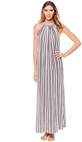 Elan International Women's Maxi Dress Swim Cover Up Red/White/Black Stripe L