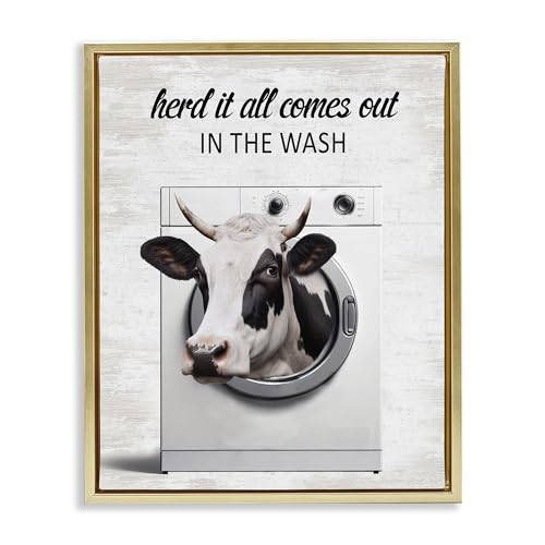 Stupell Industries Cow & Washing Machine Gold Framed Floater Canvas Wall Art, d…