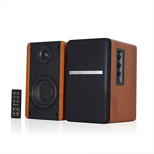 SINGING WOOD BT25 Active Bluetooth Bookshelf Speakers-2 RCA Input, Remote Control Wooden Enclosure – Max 50 Watts RMS(Cheery Wood)