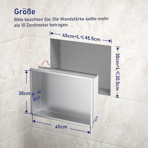 Bernkot Wall Mounted Stainless Steel Shower with LED, Recessed Shower Shelf, Double Layer, Niche for Bathroom, 60 x 30 cm, Tile Free, Black