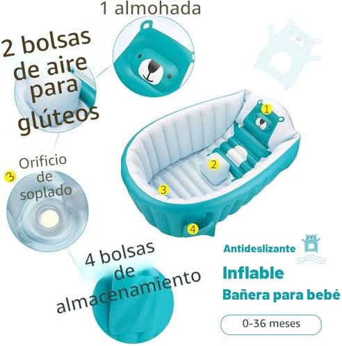 Bañera para bebés de 0 a 36 meses, inflable plegable antideslizante suave bañera bebé niños recién nacidos, bañera portátil para bebés plegable para niños pequeños - azul