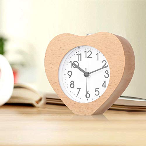 Night Light Alarm Clock, Silent Alarm Clock with Snooze & Gentle Wake, Battery Operated Wooden Heart Clock Decorative for Bedroom, Den, Office - Burlywood, 4 Inch