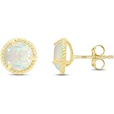 AFFY 7MM Claw-Set Rope Framed Round Cut White Created Opal Gemstone Martini Stud Earrings In 14K Gold Plated 925 Sterling Silver Jewelry For Women