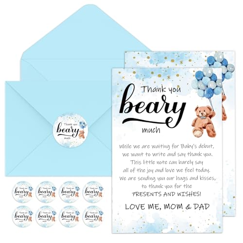 Kisston 50 Sets Bear Baby Shower Thank You Cards with 50 Envelopes and Stickers Thank You Gift Card for Baby Shower Gender Reveal Party Favor for Girl Boy(Blue)