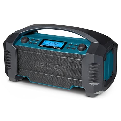 MEDION E66050 DAB+ Baustellenradio (Integrierter Akku, IP54 Schutz gegen Spritzwasser & Staub, USB-Ladefunktion, Bluetooth 5.0, PLL UKW Radio, Akku- o