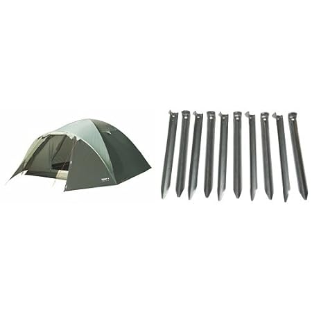 High Peak Unisex Zelt Nevada 4, dunkeloliv/helloliv & 10T PEG IT 10VP 22SV - Stahl V-Profil-Hering 10er-Set