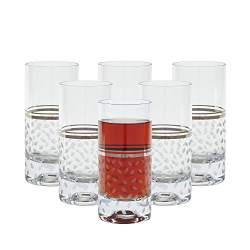 Glazze Crystal Set of 6 Handcrafted Highball Glasses with Hand Painted Real Gold or Platimum Trim Detailing - Hand Cut Raindrops Pattern - Luxurious Gift - For Soft drinks & More (Platinum)