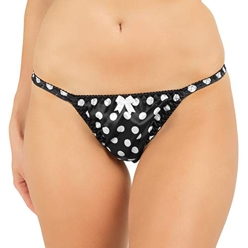 Santini Braguitas de Bikini Tanga con Lunares para Mujer, Braguitas de Satén (Negro, XL)