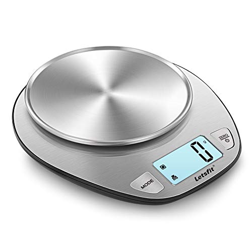 Letsfit EK4352H Digital Kitchen, Multifunction Food Scale and LCD Screen Display, Stainless Steel, Capacity Range from 0.1oz (1g) to 11lbs (5000g), Batteries In, Classical, Silver